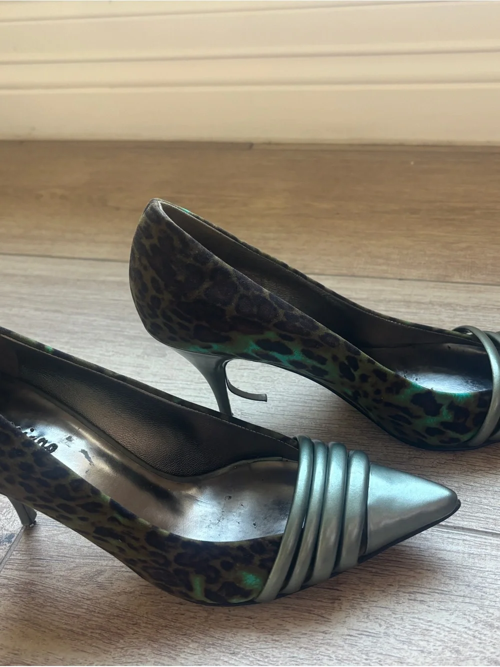 Marciano Leopard-Print Pointed Toe Pumps with Metallic Green Accents